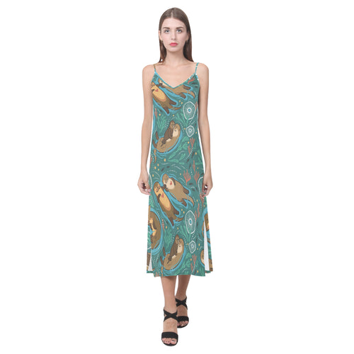 cute brown sea otters ornamental seaweed corals gr V-Neck Open Fork Long Dress