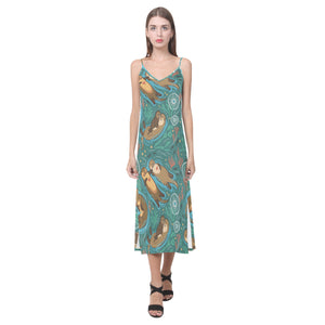cute brown sea otters ornamental seaweed corals gr V-Neck Open Fork Long Dress