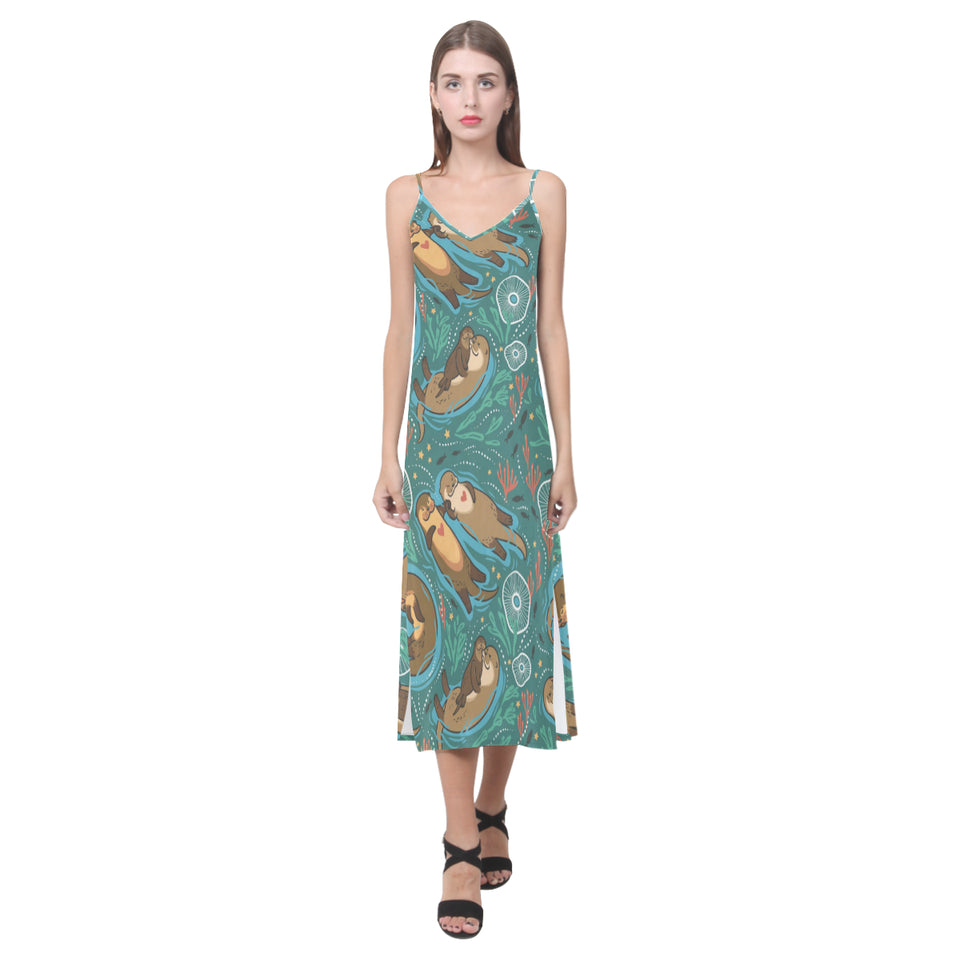 cute brown sea otters ornamental seaweed corals gr V-Neck Open Fork Long Dress