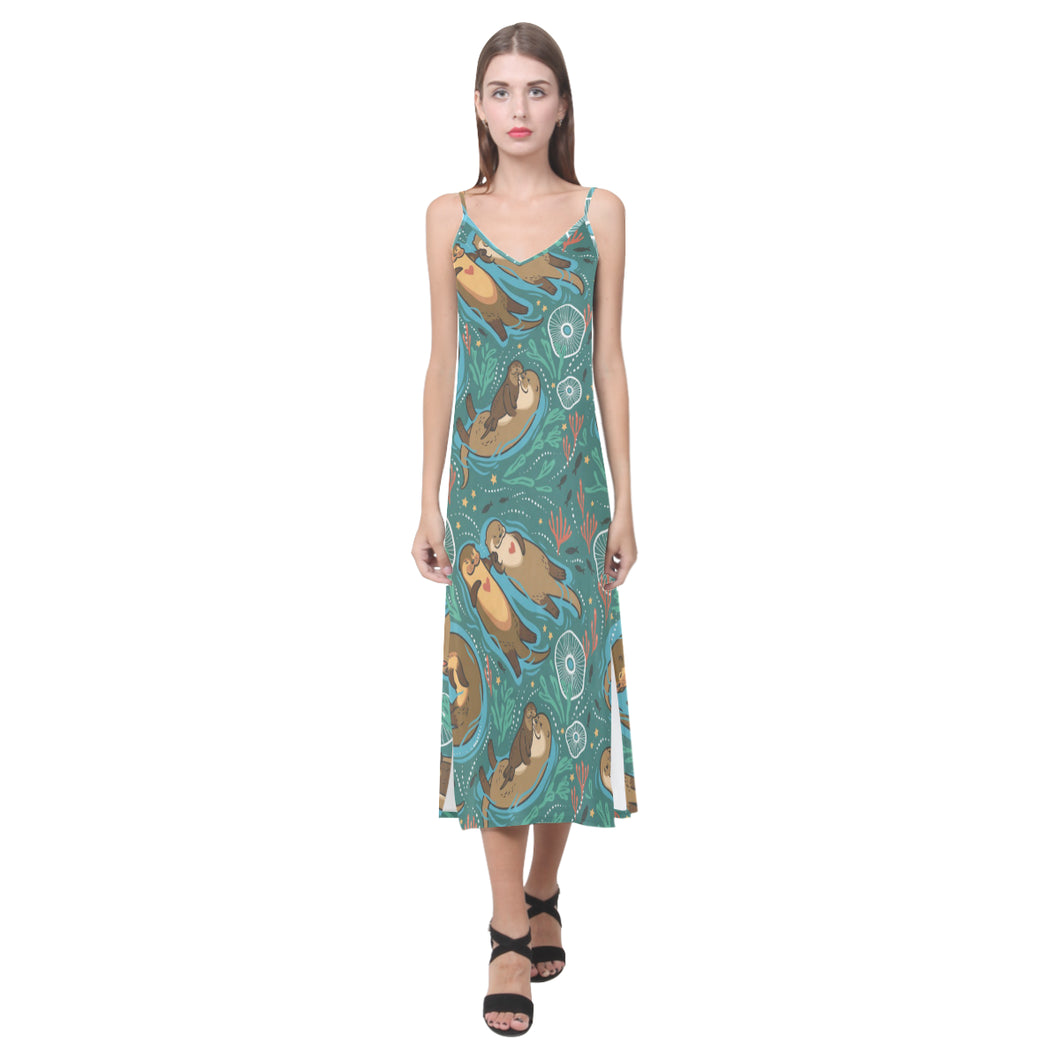 cute brown sea otters ornamental seaweed corals gr V-Neck Open Fork Long Dress