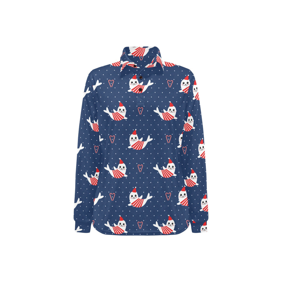 Cute sea lion seal christmas hat candy cane heart Women's Long Sleeve Polo Shirt