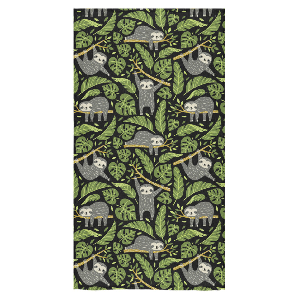 Cute sloths tropical palm leaves black background Bath Towel