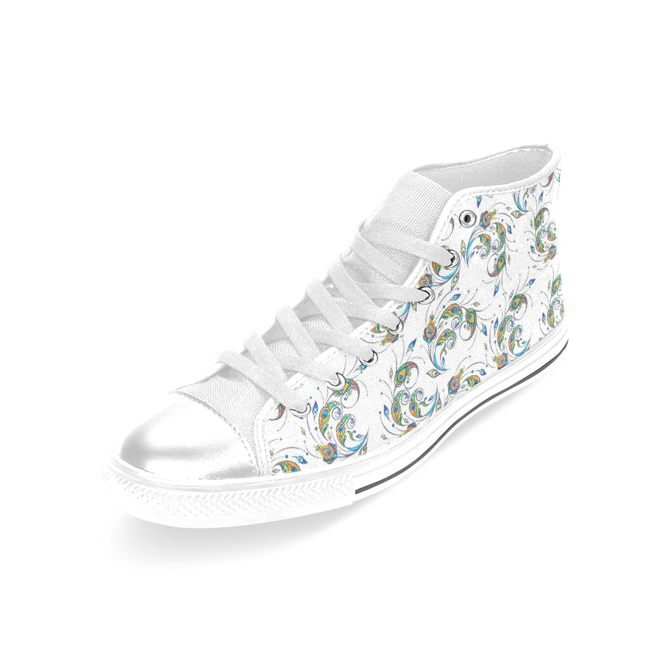 Peacock feather pattern Women's High Top Canvas Shoes White