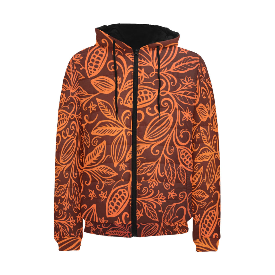 cacao beans tribal polynesian pattern Men's Padded Hooded Jacket