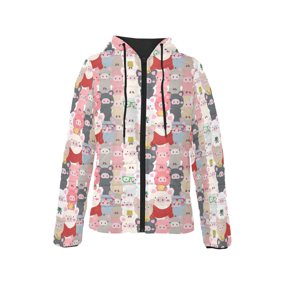Pig Pattern Print Design 02 Women's Padded Hooded Jacket
