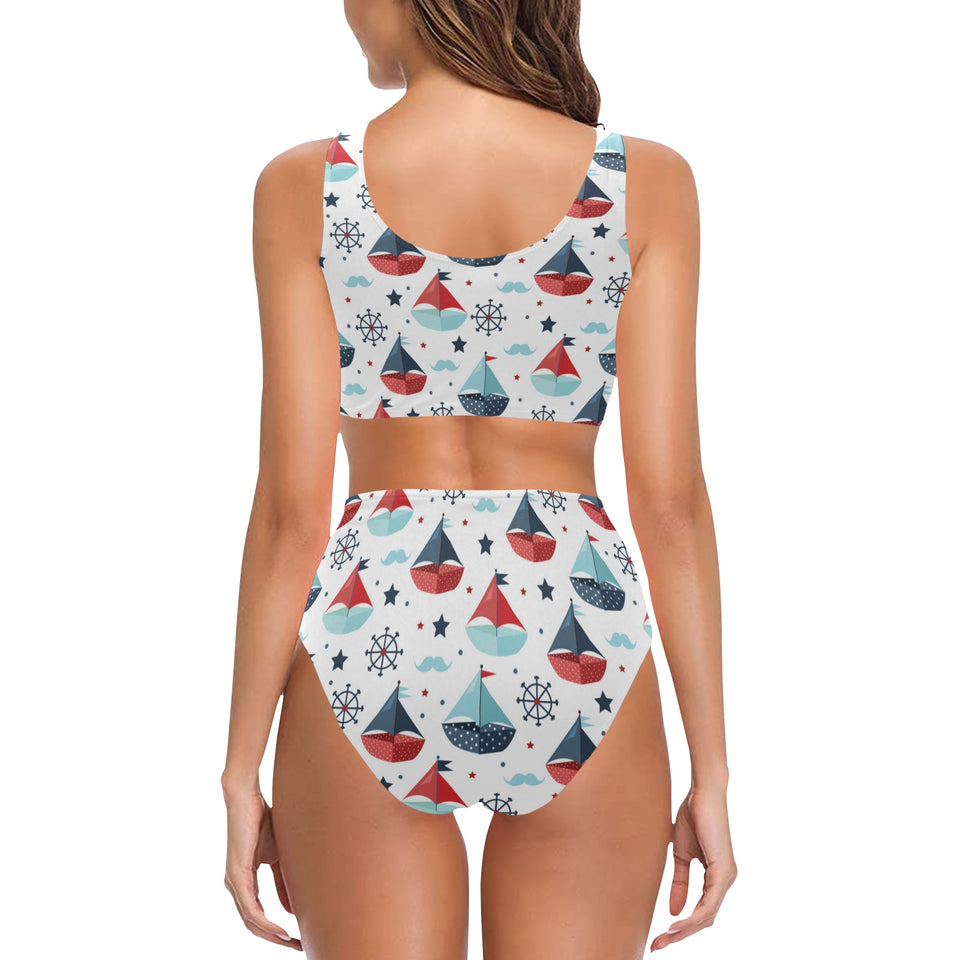 Cute color paper sailboat pattern Chest Bowknot High Waisted Bikini Swimsuit