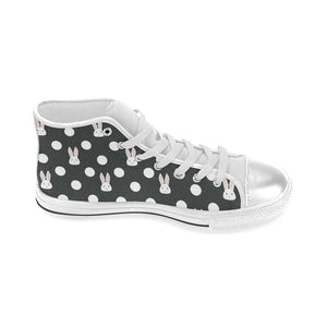 Cute white rabbit polka dots black background Women's High Top Canvas Shoes White