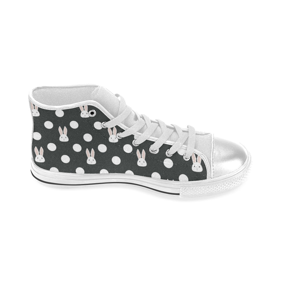 Cute white rabbit polka dots black background Women's High Top Canvas Shoes White
