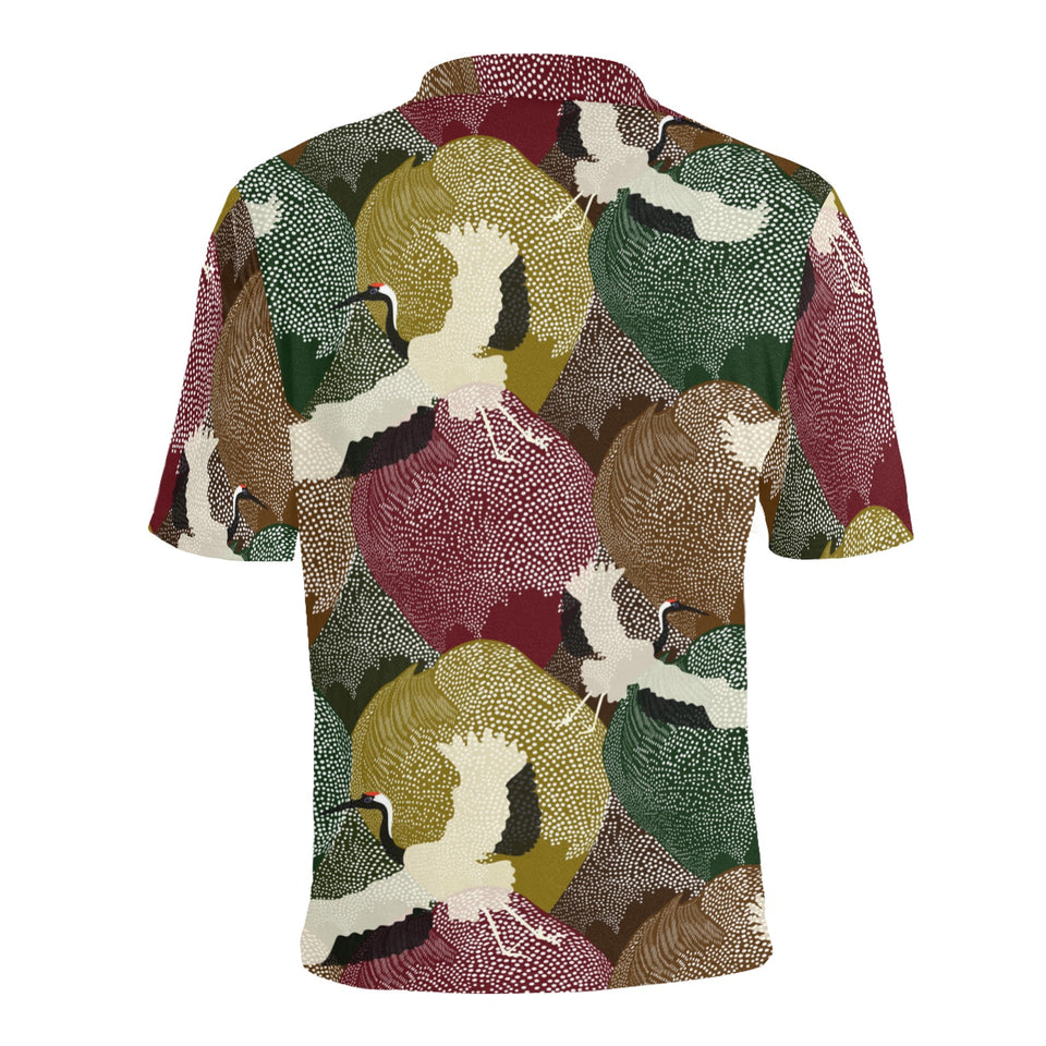 Japanese cranes flying forest dot pattern Men's All Over Print Polo Shirt