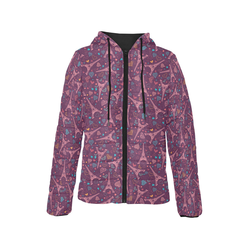 Eiffel Tower Heart Pattern Print Design 04 Women's Padded Hooded Jacket