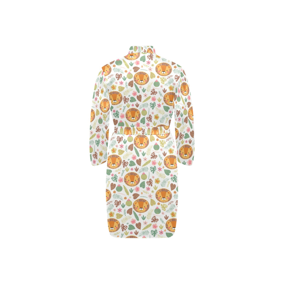 Lion Pattern Print Design 04 Men's Long Sleeve Belted Night Robe