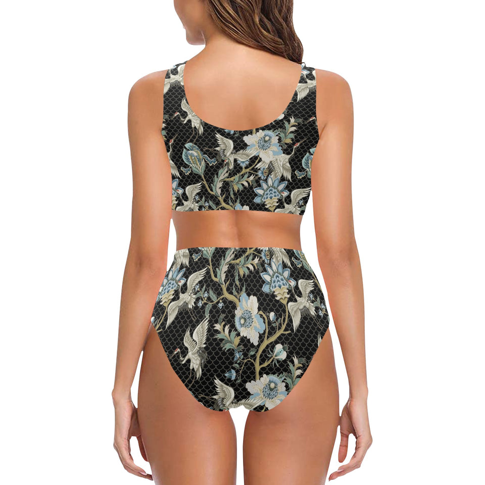 Japanese crane ornament elements Chest Bowknot High Waisted Bikini Swimsuit