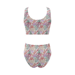 Coral Reef Pattern Print Design 03 Chest Bowknot High Waisted Bikini Swimsuit