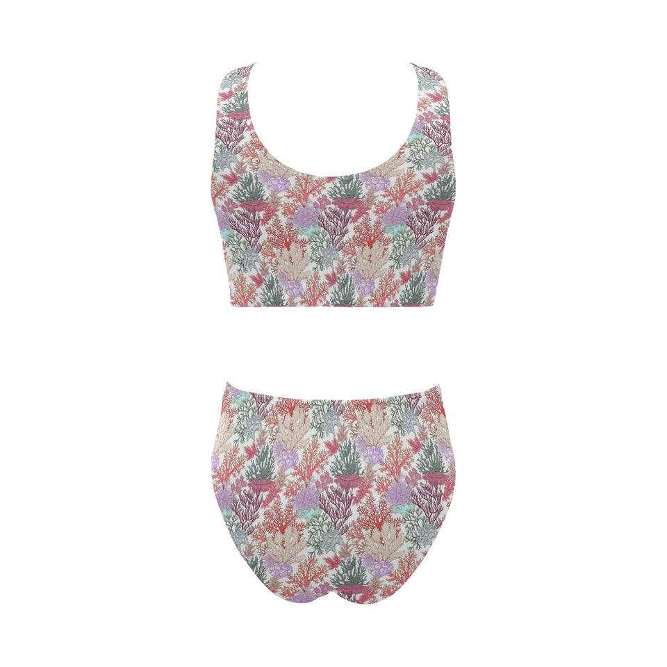 Coral Reef Pattern Print Design 03 Chest Bowknot High Waisted Bikini Swimsuit