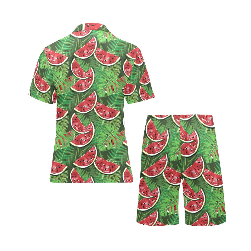 Watermelons tropical palm leaves pattern backgroun Men's V-Neck Short Pajama Set