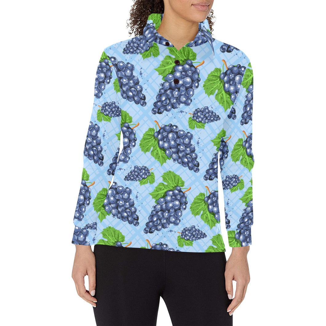 Watercolor grape pattern Women's Long Sleeve Polo Shirt