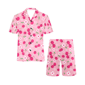 cherry flower pattern pink background Men's V-Neck Short Pajama Set