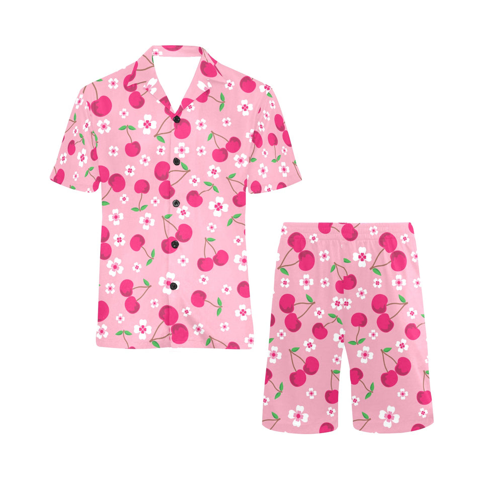 cherry flower pattern pink background Men's V-Neck Short Pajama Set