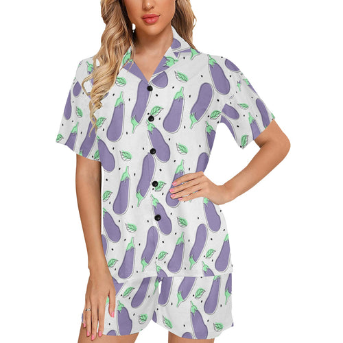 Eggplant Pattern Print Design 05 Women's V-Neck Short Pajama Set