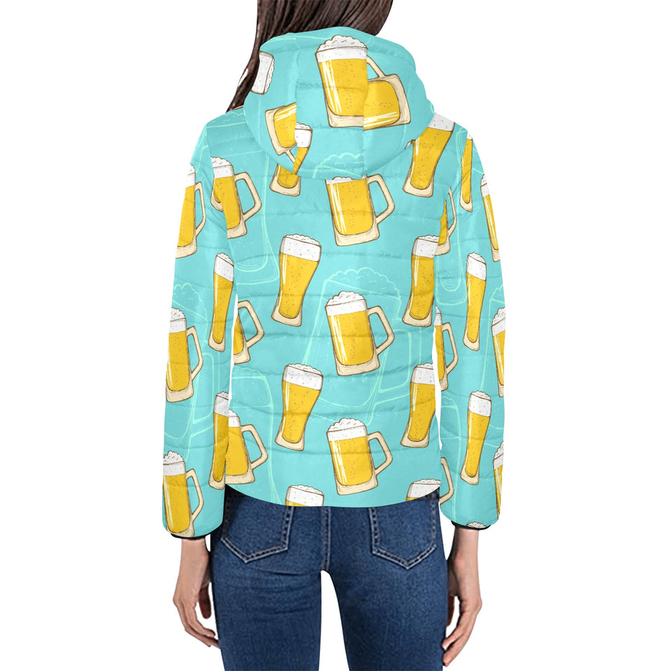 Beer pattern green background Women's Padded Hooded Jacket