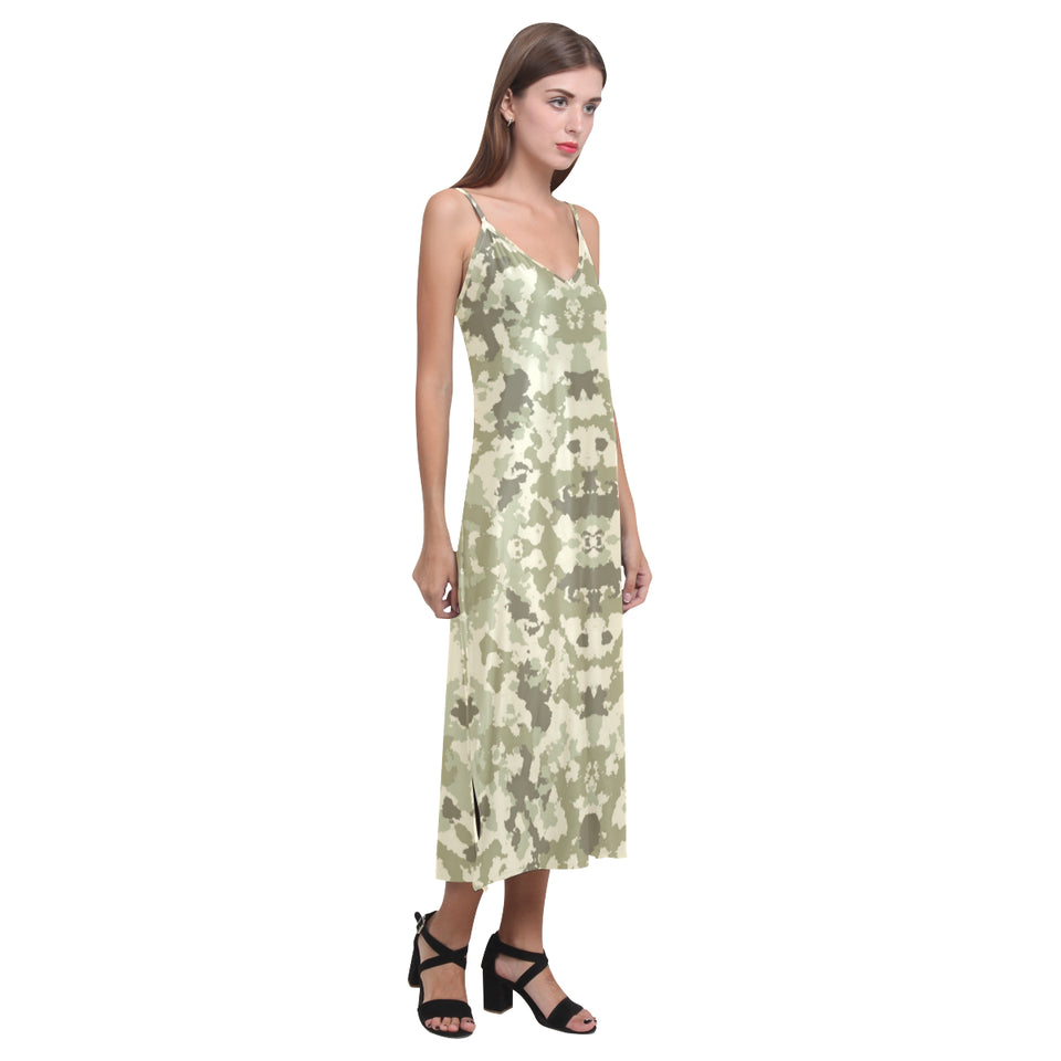 Light Green camouflage pattern V-Neck Open Fork Long Dress