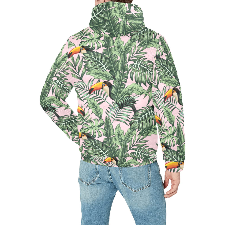 Toucan tropical green jungle palm pattern Men's Padded Hooded Jacket