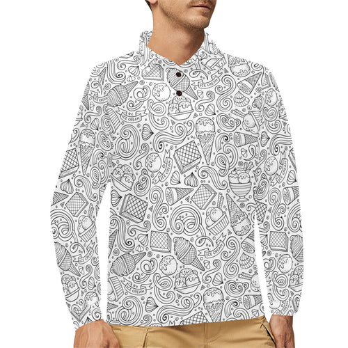 Cartoon hand drawn ice cream black white Men's Long Sleeve Polo Shirt