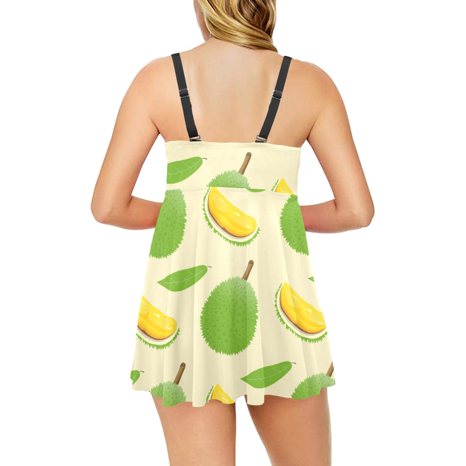 Durian pattern Chest Sexy Pleated Two Piece Swim Dress