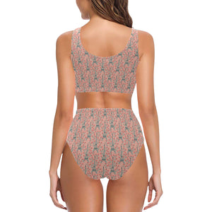Eiffel Tower Flower Pattern Design 03 Chest Bowknot High Waisted Bikini Swimsuit