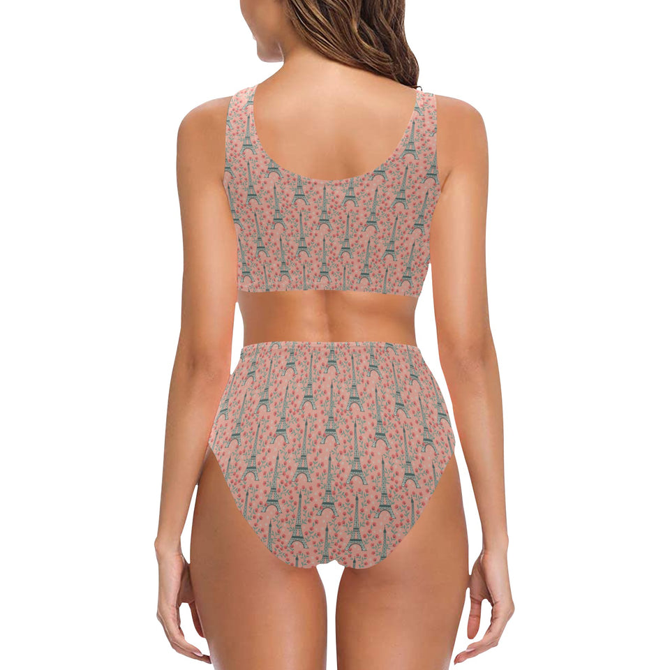 Eiffel Tower Flower Pattern Design 03 Chest Bowknot High Waisted Bikini Swimsuit