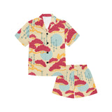 Red Bonsai gray sun japanese pattern Kids' Boys' Girls' V-Neck Short Pajama Set