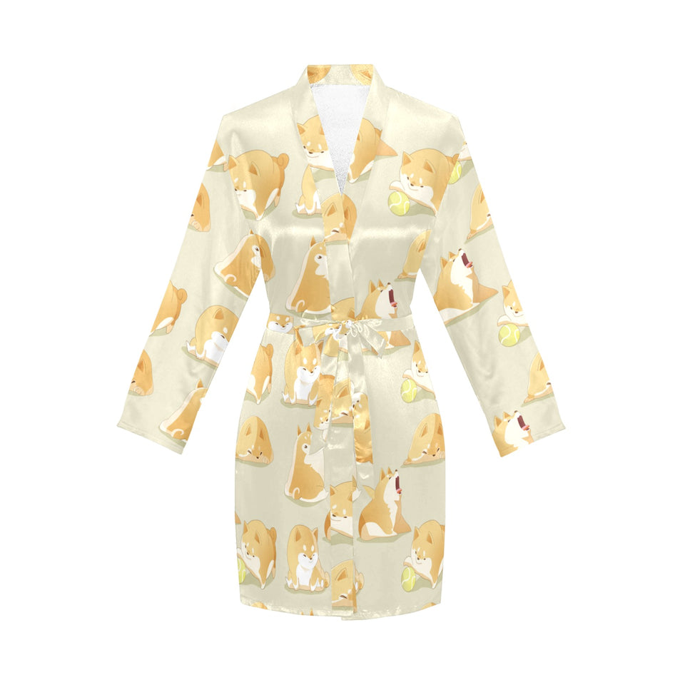 Cute fat shiba inu dog pattern Women's Long Sleeve Belted Night Robe