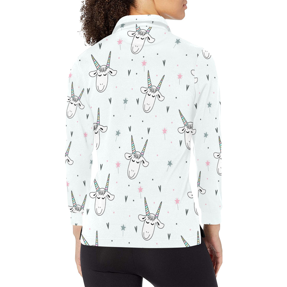 Cute goat design pattern Women's Long Sleeve Polo Shirt