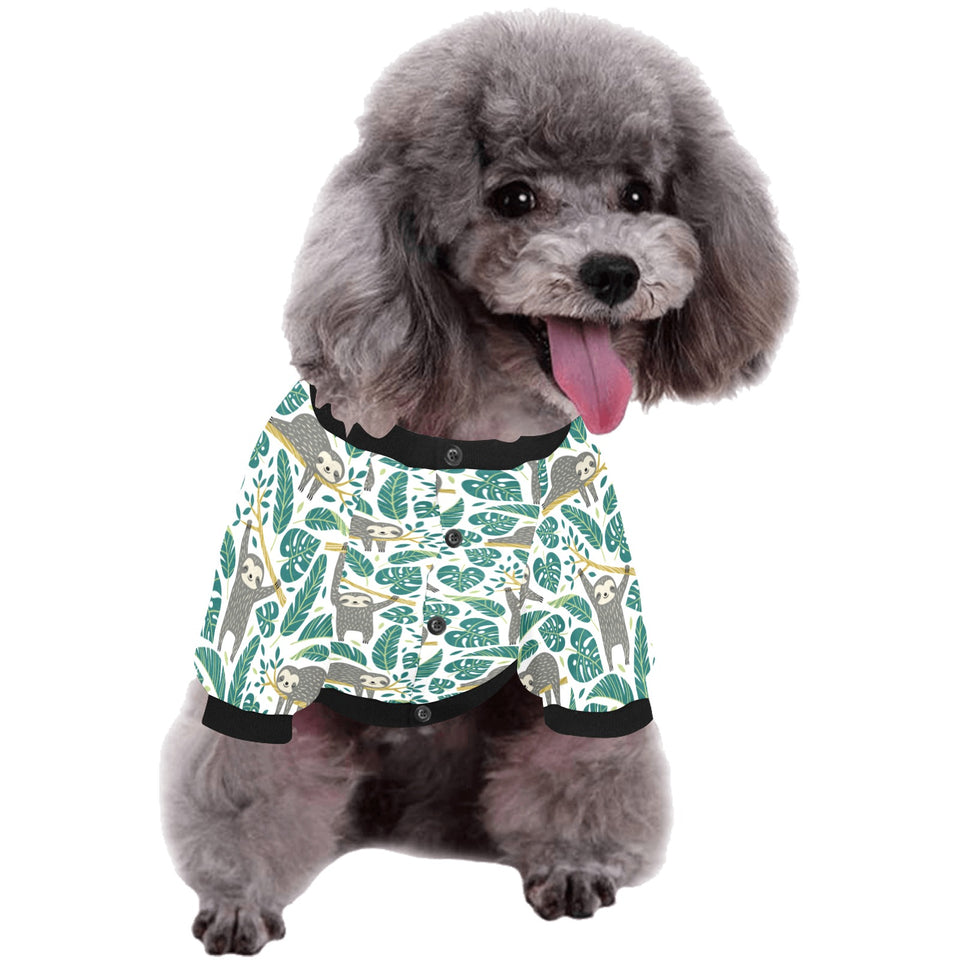 Cute sloths tropical palm leaves white background All Over Print Pet Dog Round Neck Fuzzy Shirt