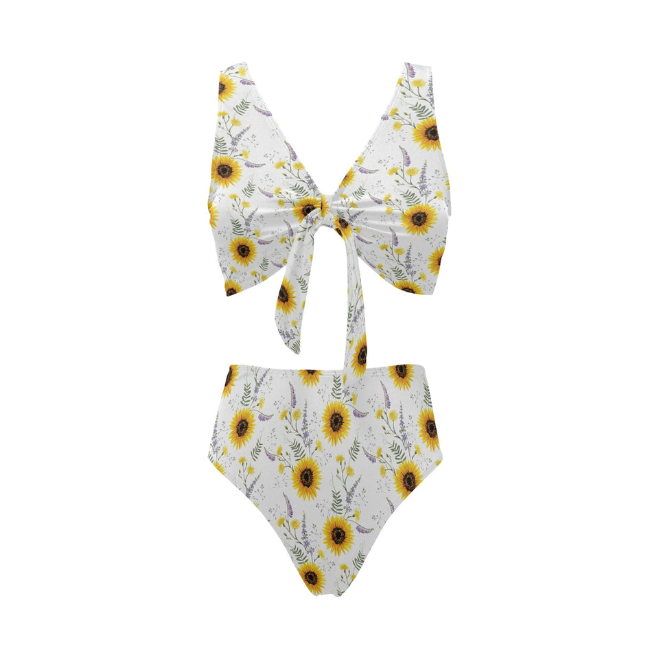 beautiful sunflowers pattern Chest Bowknot High Waisted Bikini Swimsuit