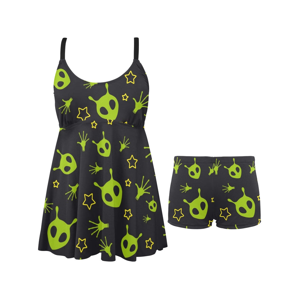 Alien Pattern Print Design 02 Chest Sexy Pleated Two Piece Swim Dress