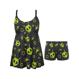 Alien Pattern Print Design 02 Chest Sexy Pleated Two Piece Swim Dress