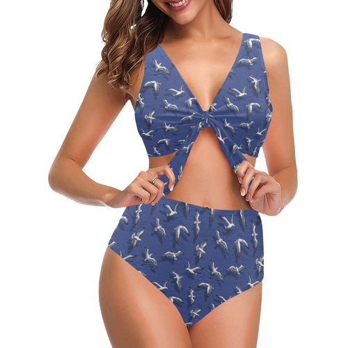 Seagull Pattern Print Design 03 Chest Bowknot High Waisted Bikini Swimsuit
