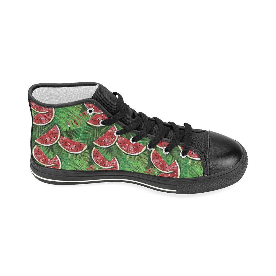 Watermelons tropical palm leaves pattern backgroun Women's High Top Canvas Shoes Black