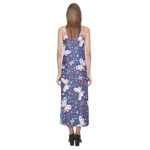 Colorful butterfly flower pattern.eps V-Neck Open Fork Long Dress
