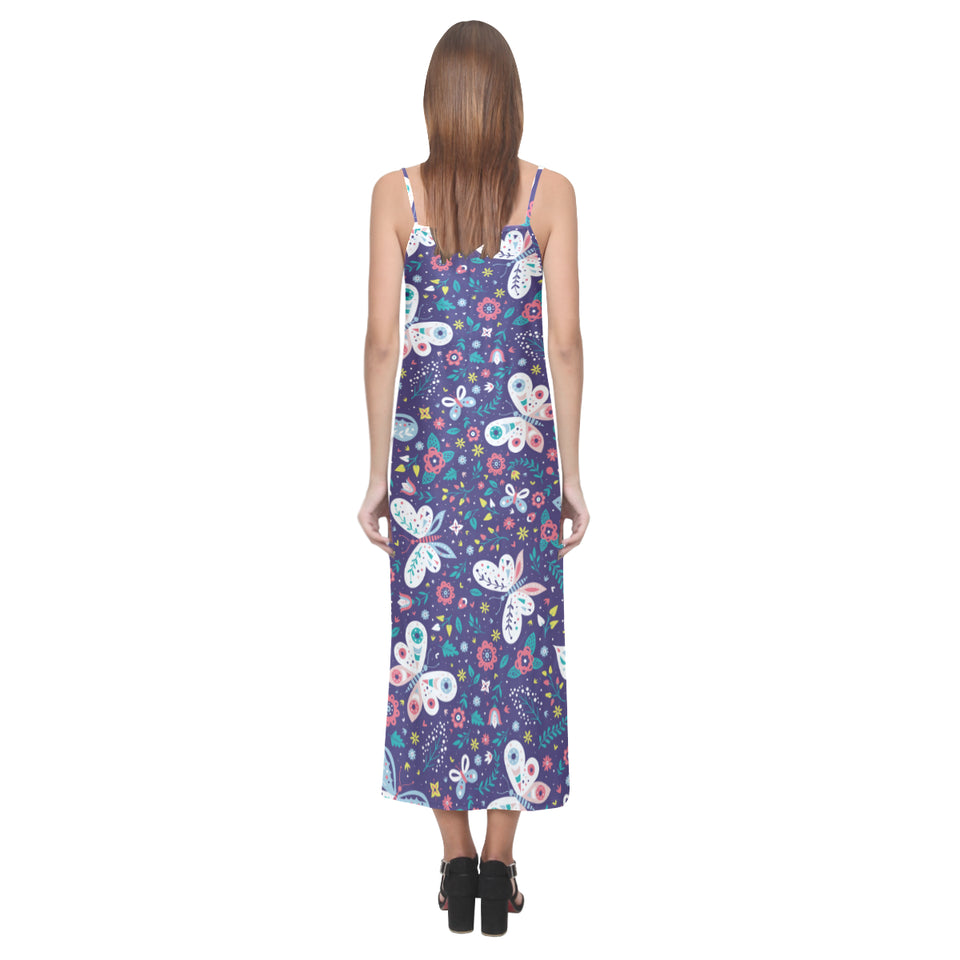 Colorful butterfly flower pattern.eps V-Neck Open Fork Long Dress