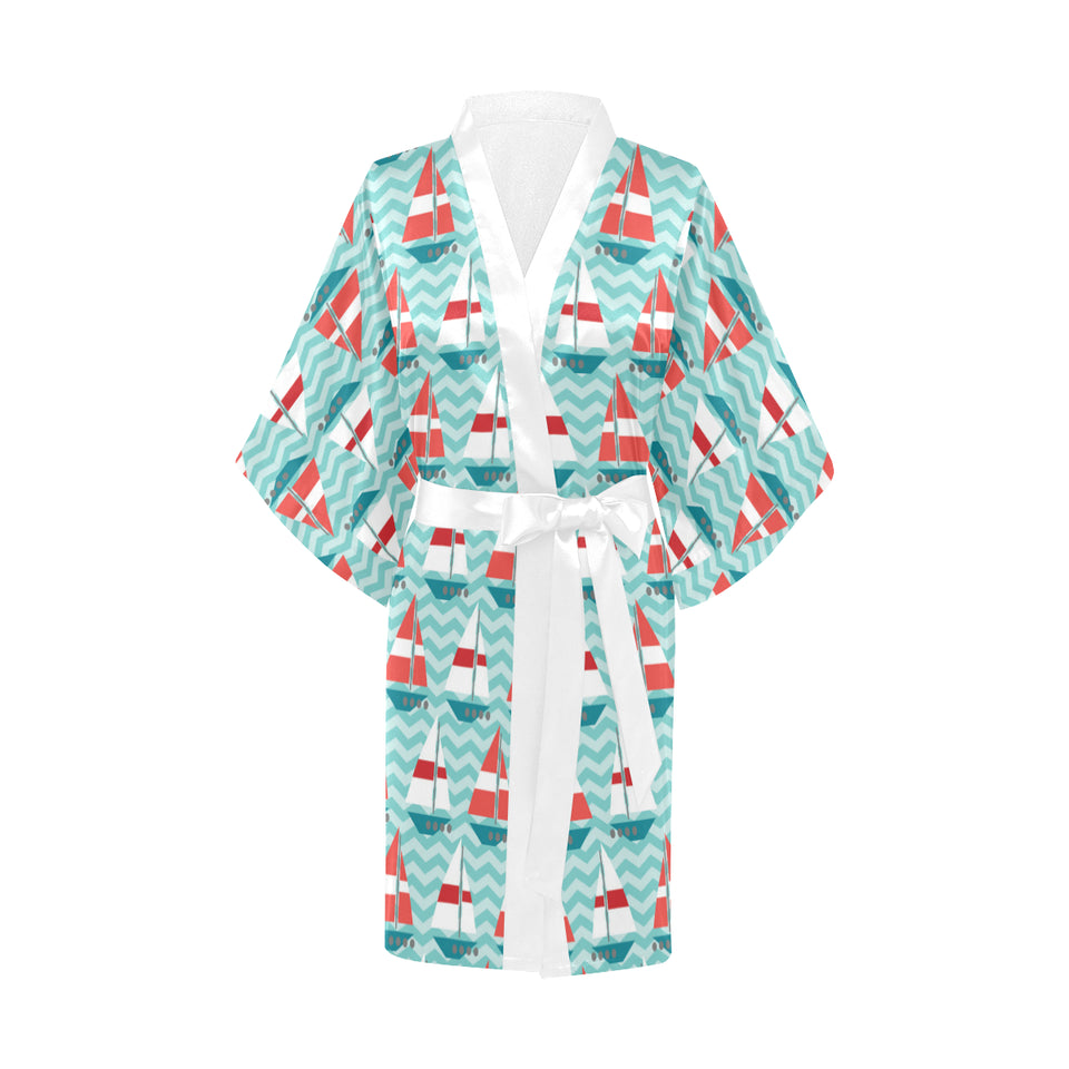 Red White sailboat wave background Women's Short Kimono Robe