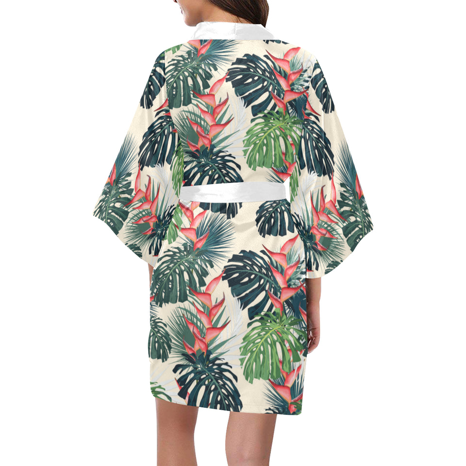 heliconia flowers, palm and monstera leaves Women's Short Kimono Robe