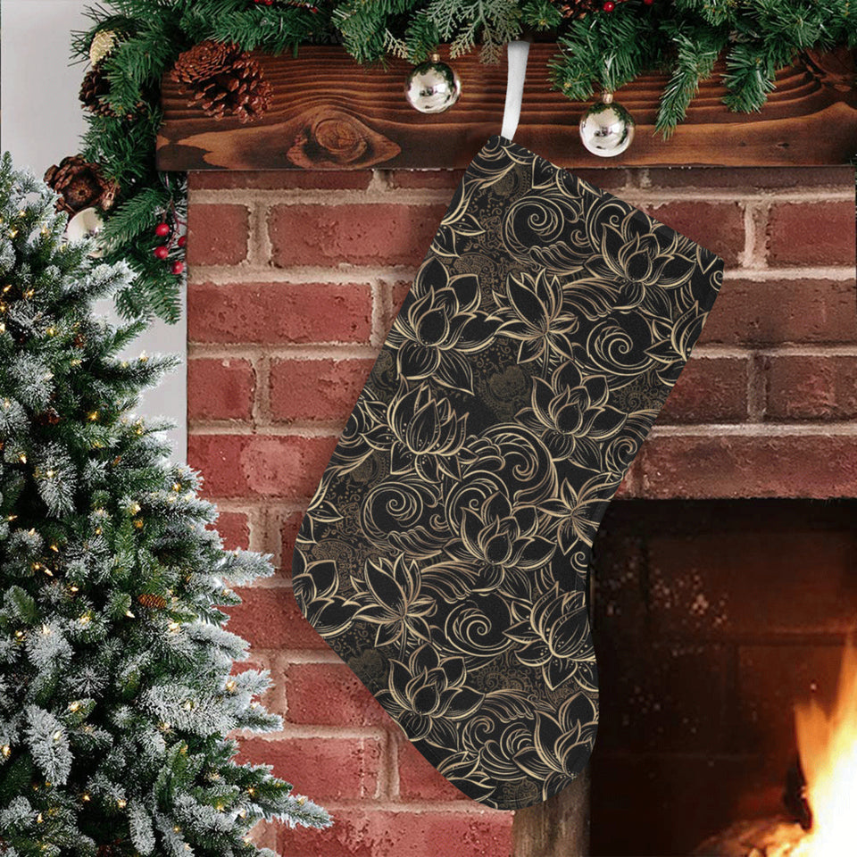 luxurious gold lotus waterlily black background Christmas Stocking