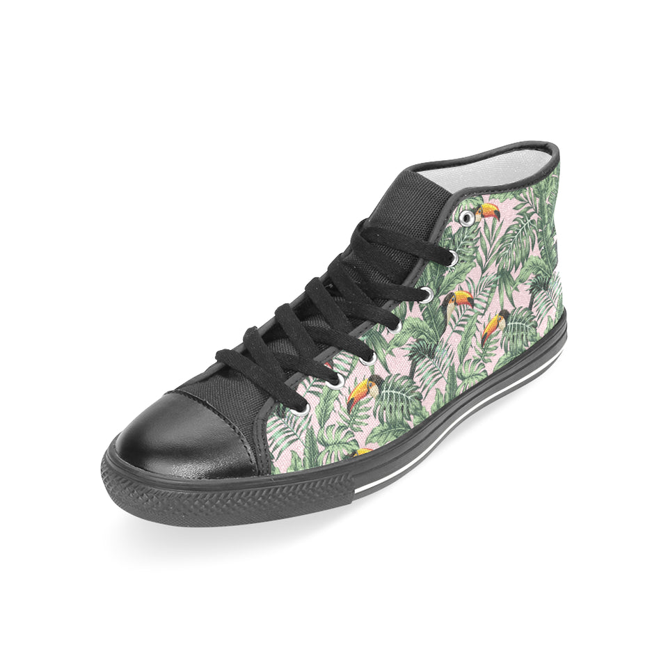 Toucan tropical green jungle palm pattern Women's High Top Canvas Shoes Black