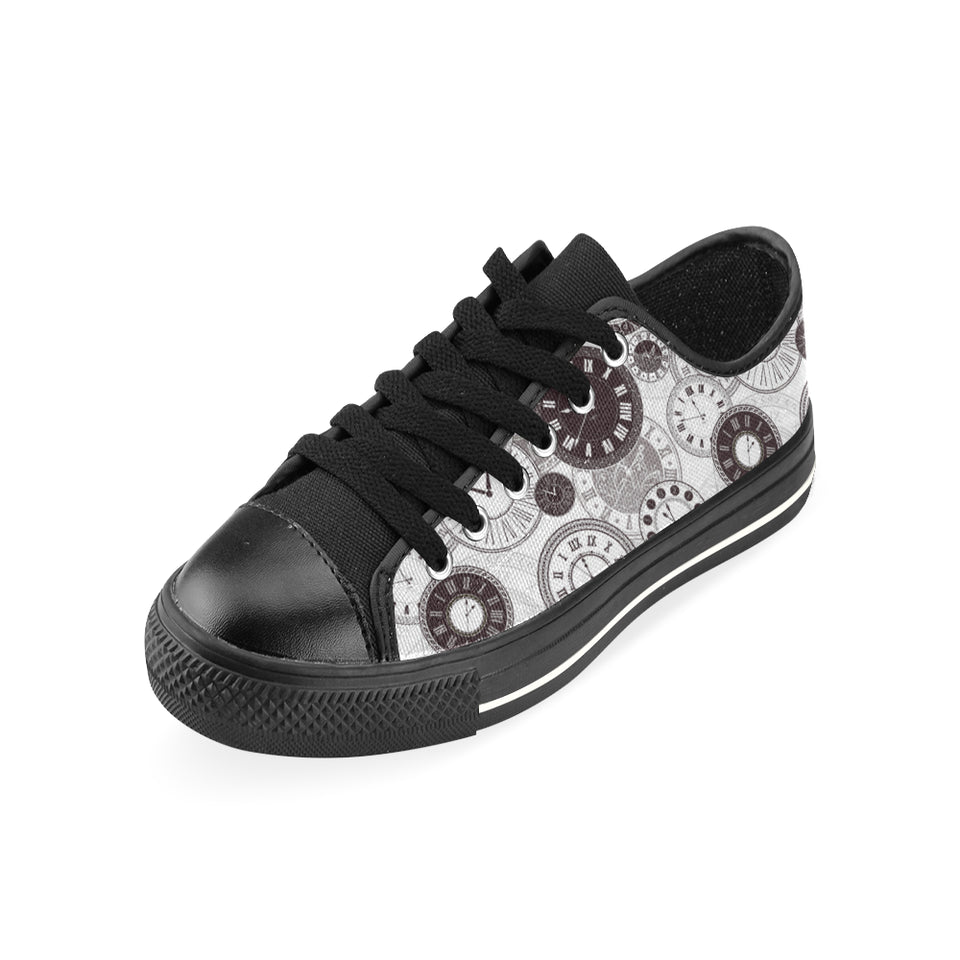 Classic vintage clock pattern Men's Low Top Canvas Shoes Black