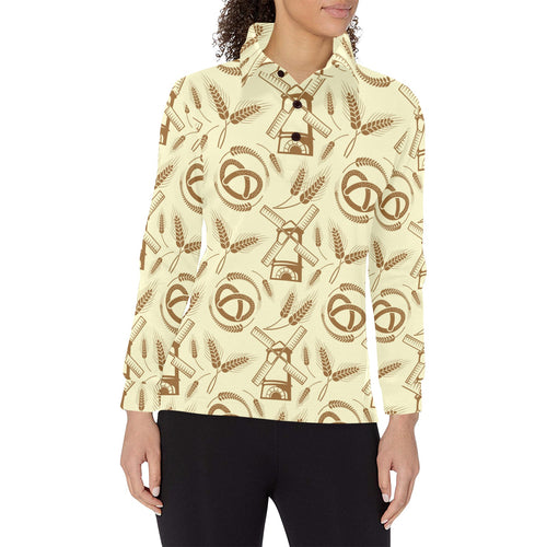 Windmill Wheat pattern Women's Long Sleeve Polo Shirt