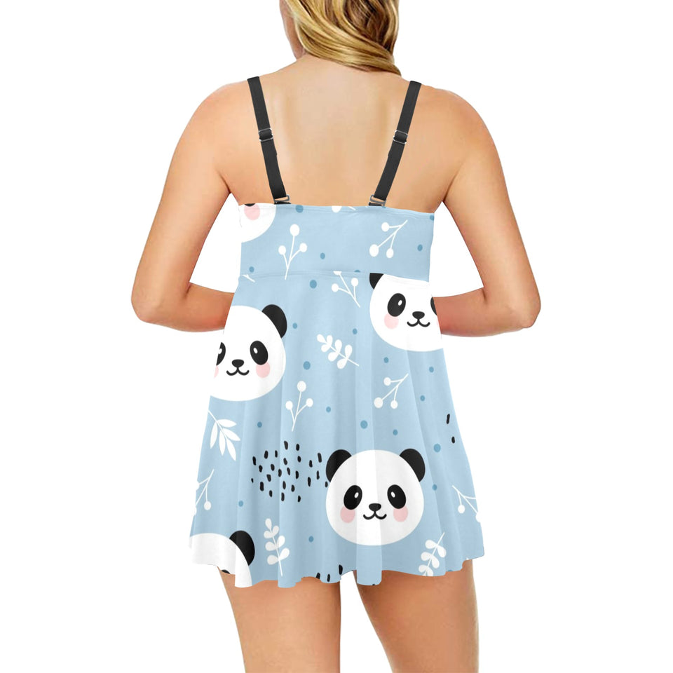 Cute panda pattern Chest Sexy Pleated Two Piece Swim Dress
