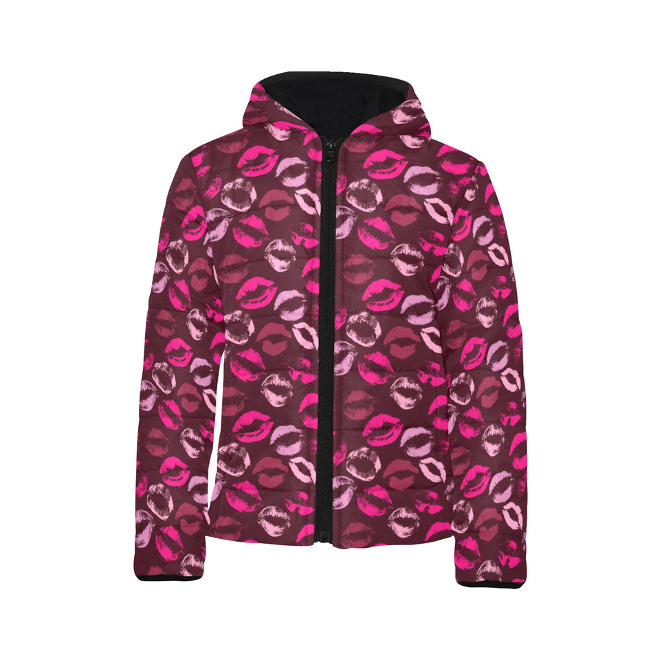 Lips Pattern Print Design 03 Kids' Boys' Girls' Padded Hooded Jacket