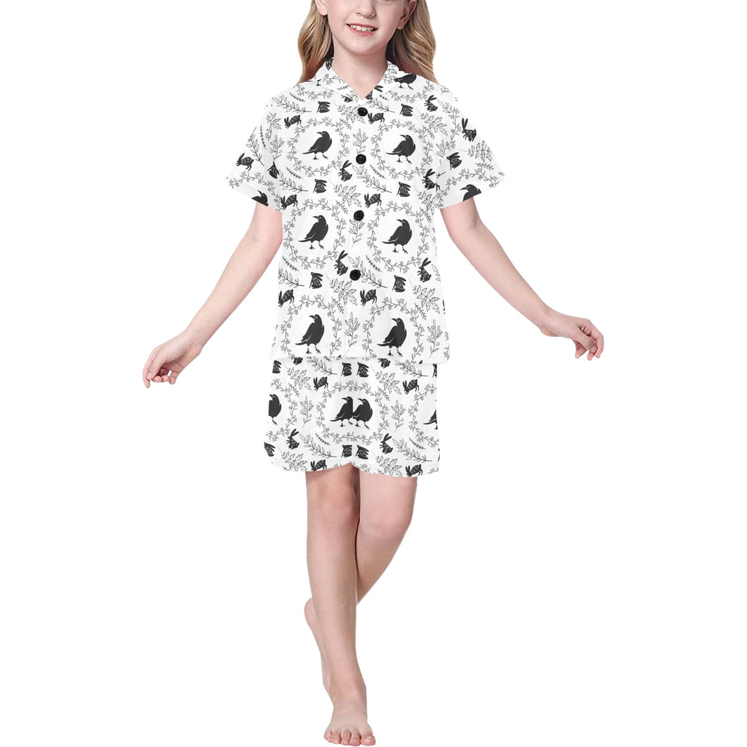 Crows floral wreath rabbit pattern Kids' Boys' Girls' V-Neck Short Pajama Set